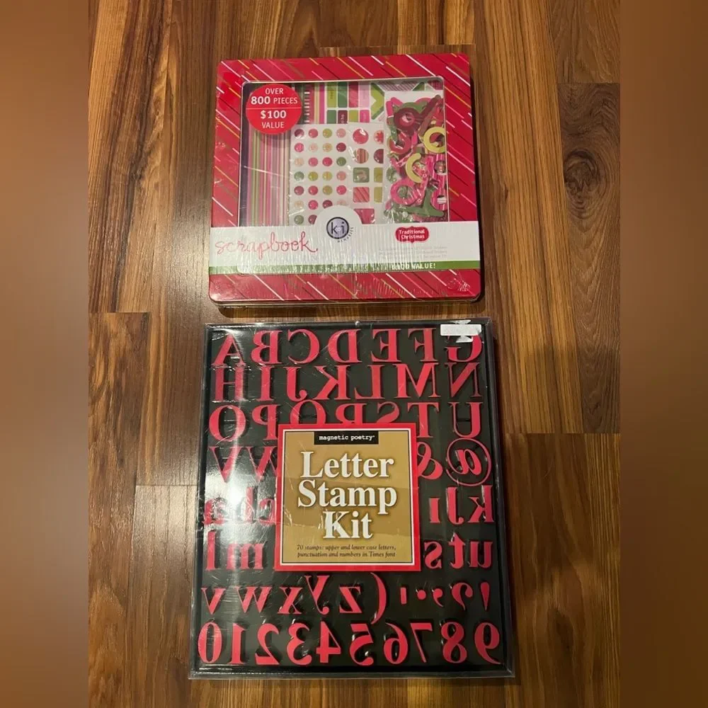 Letter stamp kit and traditional Christmas scrapbook tin